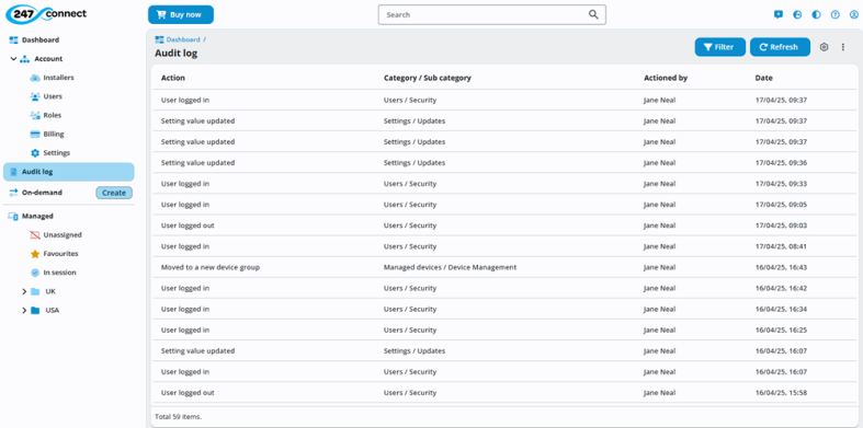 Screen showing the Audit log in 247connect. The main panel displays a table with columns: Action, Category / Sub category, Actioned by, and Date. The table lists user activities such as logins, logouts, setting updates, and device group changes. Buttons for Filter and Refresh are at the top right. 